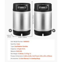 VEVOR Corny Keg, 2.5 Gallon Ball Lock Keg, SUS304 Cold Brew Kegs with Dual Rubber Handles & Heavy-Duty Rubber Bottom, Brewing Equipment for Home Brewing Party, 2 PCS