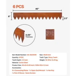 VEVOR Corten Steel Landscape Edging, 6-Pack 40 x 6 Inch Metal Edging for Landscaping with 8 Connecting Plates, Bendable Metal Garden Edge Border for Flower Bed, Yard Pathway, Rust