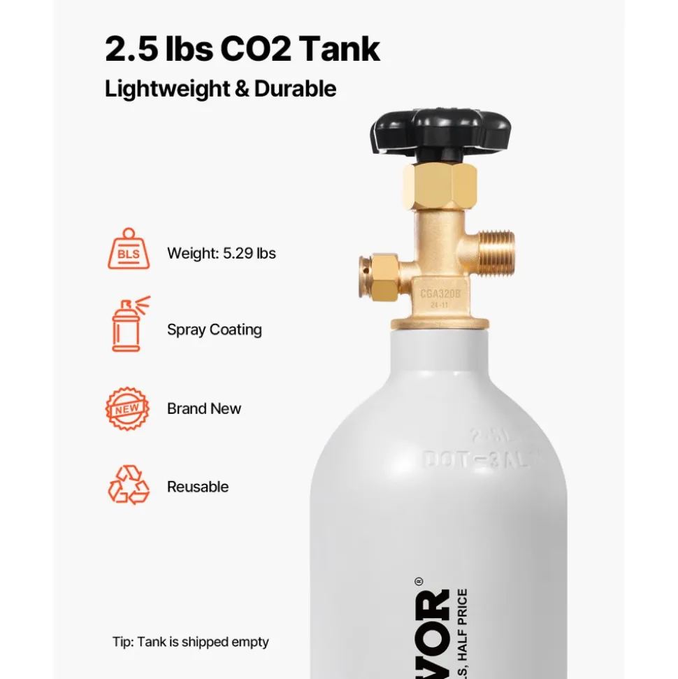 VEVOR CO2 Tank, 2.5 lbs New Aluminum Alloy Cylinder, CO2 Air Tank with Light Gray Spray Coating, CGA320 Valve & Adjustable Pressure, DOT Approved Cylinder for Draft Beer Dispensing and Soda Maker