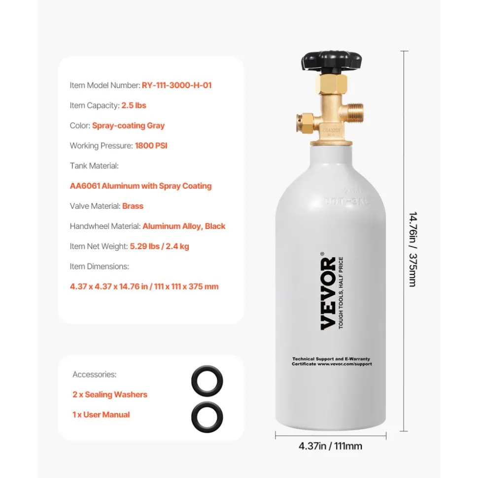 VEVOR CO2 Tank, 2.5 lbs New Aluminum Alloy Cylinder, CO2 Air Tank with Light Gray Spray Coating, CGA320 Valve & Adjustable Pressure, DOT Approved Cylinder for Draft Beer Dispensing and Soda Maker