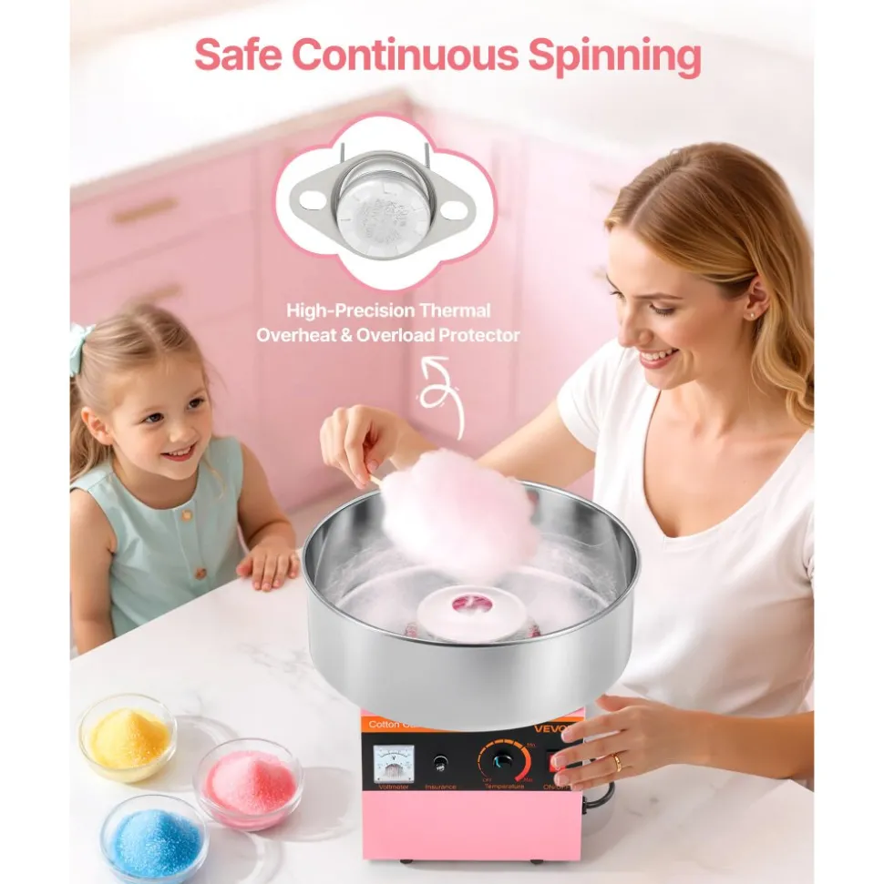 VEVOR Cotton Candy Machine Commercial, 1000W Electric Candy Floss Maker, Easy Use with 15 inch Stainless Steel Bowl and Sugar Scoop, Makes Hard Candy for Home Kids Birthday, Family Party, Pink
