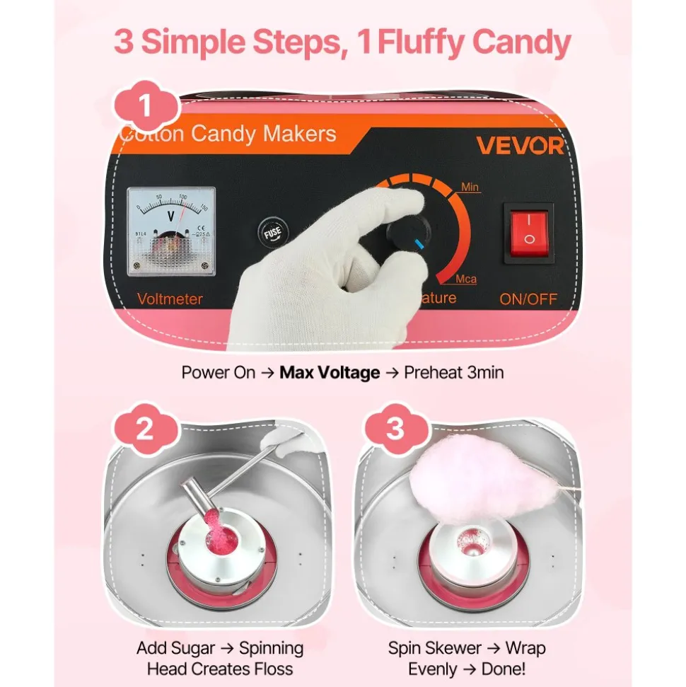 VEVOR Cotton Candy Machine Commercial, 1000W Electric Candy Floss Maker, Easy Use with 15 inch Stainless Steel Bowl and Sugar Scoop, Makes Hard Candy for Home Kids Birthday, Family Party, Pink