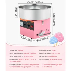 VEVOR Cotton Candy Machine Commercial, 1000W Electric Candy Floss Maker, Easy Use with 15 inch Stainless Steel Bowl and Sugar Scoop, Makes Hard Candy for Home Kids Birthday, Family Party, Pink