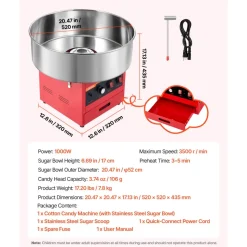 VEVOR Cotton Candy Machine Commercial 1000W Electric Candy Floss Maker Red, Ideal for Home, Carnival, Birthday, Family Party, Easy Use with 20.5 in Stainless Steel Bowl, Storage Drawer, Sugar Scoop