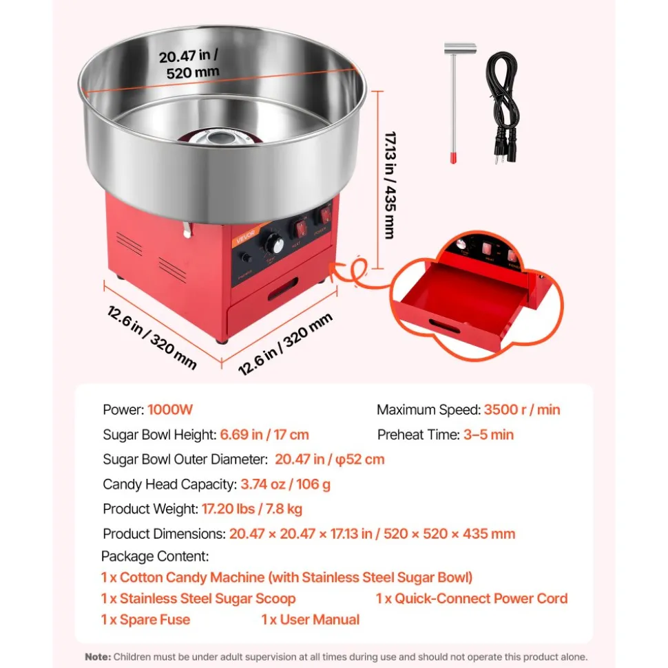 VEVOR Cotton Candy Machine Commercial 1000W Electric Candy Floss Maker Red, Ideal for Home, Carnival, Birthday, Family Party, Easy Use with 20.5 in Stainless Steel Bowl, Storage Drawer, Sugar Scoop