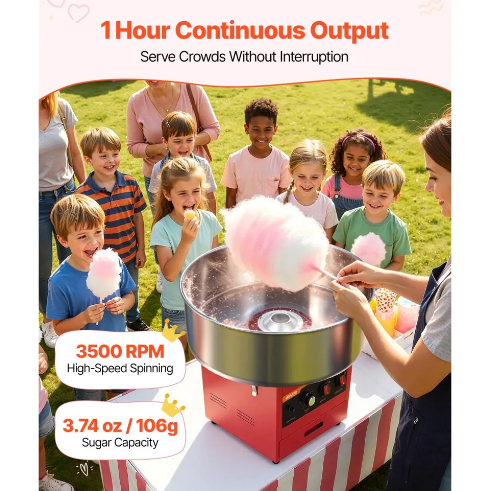 VEVOR Cotton Candy Machine Commercial 1000W Electric Candy Floss Maker Red, Ideal for Home, Carnival, Birthday, Family Party, Easy Use with 20.5 in Stainless Steel Bowl, Storage Drawer, Sugar Scoop