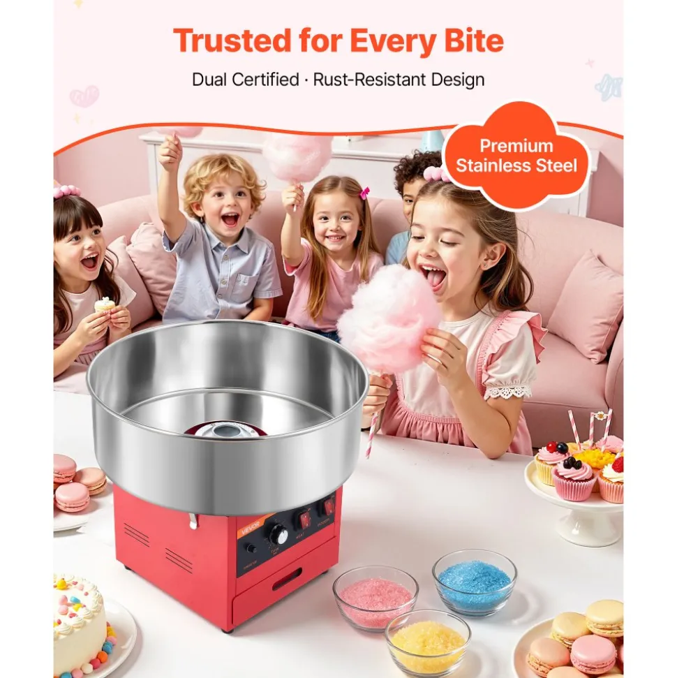 VEVOR Cotton Candy Machine Commercial 1000W Electric Candy Floss Maker Red, Ideal for Home, Carnival, Birthday, Family Party, Easy Use with 20.5 in Stainless Steel Bowl, Storage Drawer, Sugar Scoop