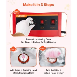 VEVOR Cotton Candy Machine Commercial 1000W Electric Candy Floss Maker Red, Ideal for Home, Carnival, Birthday, Family Party, Easy Use with 20.5 in Stainless Steel Bowl, Storage Drawer, Sugar Scoop