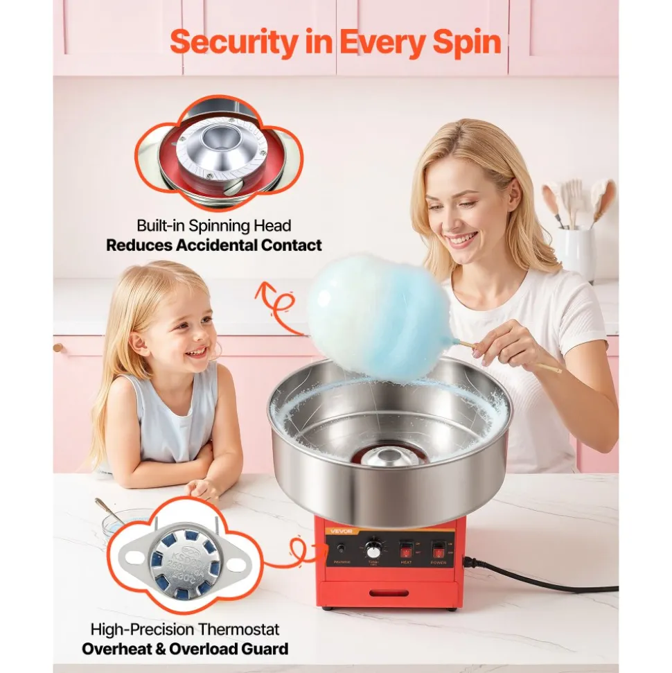 VEVOR Cotton Candy Machine Commercial 1000W Electric Candy Floss Maker Red, Ideal for Home, Carnival, Birthday, Family Party, Easy Use with 20.5 in Stainless Steel Bowl, Storage Drawer, Sugar Scoop