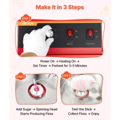 VEVOR Cotton Candy Machine Commercial 1000W Electric Candy Floss Maker Red, Ideal for Home, Carnival, Birthday, Family Party, Easy Use with 20.5 in Stainless Steel Bowl, Storage Tray and Sugar Scoop