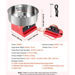 VEVOR Cotton Candy Machine Commercial 1000W Electric Candy Floss Maker Red, Ideal for Home, Carnival, Birthday, Family Party, Easy Use with 20.5 in Stainless Steel Bowl, Storage Tray and Sugar Scoop