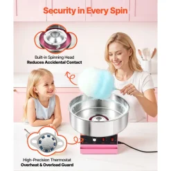 VEVOR Cotton Candy Machine Commercial 1000W Electric Candy Floss Maker Pink, Ideal for Home, Carnival, Birthday, Family Party, Easy Use with 20.5 in Stainless Steel Bowl, Storage Tray and Sugar Scoop