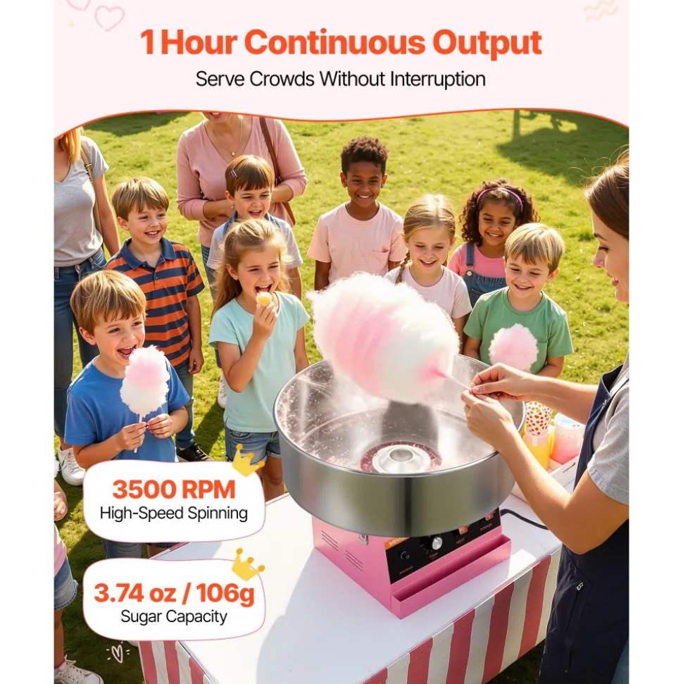 VEVOR Cotton Candy Machine Commercial 1000W Electric Candy Floss Maker Pink, Ideal for Home, Carnival, Birthday, Family Party, Easy Use with 20.5 in Stainless Steel Bowl, Storage Tray and Sugar Scoop