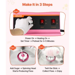VEVOR Cotton Candy Machine Commercial 1000W Electric Candy Floss Maker Pink, Ideal for Home, Carnival, Birthday, Family Party, Easy Use with 20.5 in Stainless Steel Bowl, Storage Tray and Sugar Scoop