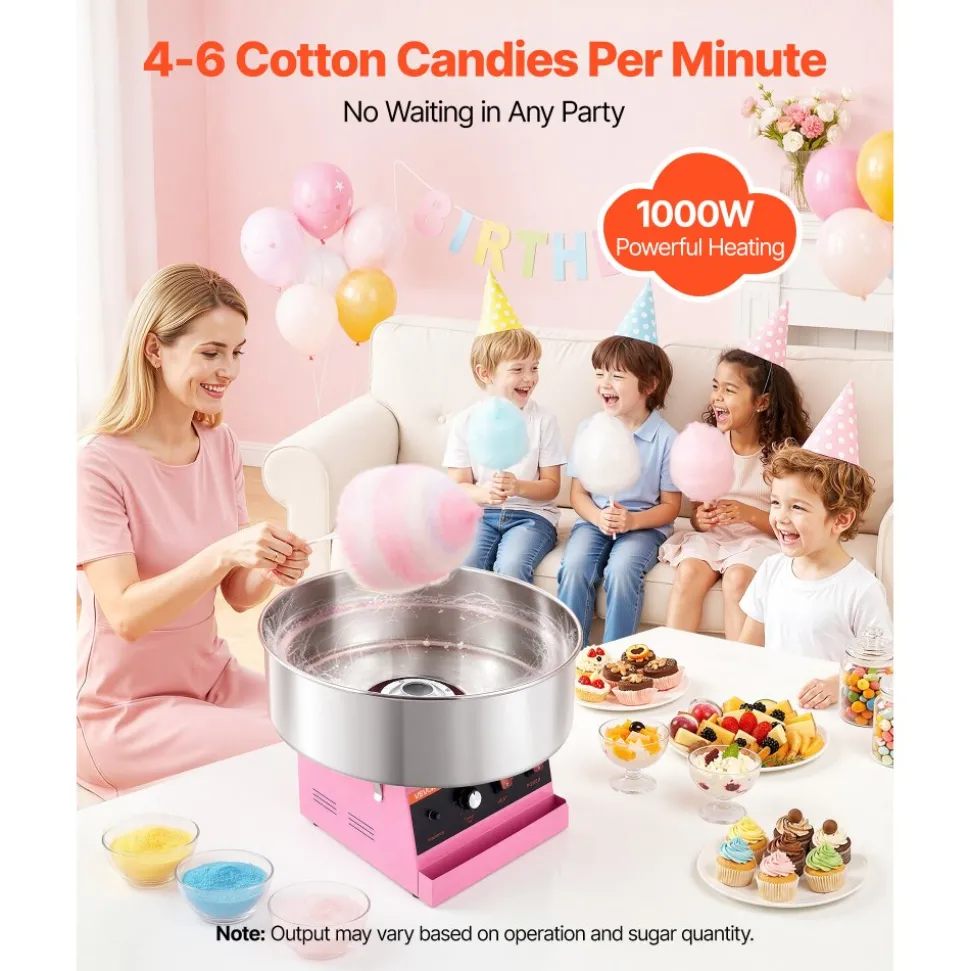 VEVOR Cotton Candy Machine Commercial 1000W Electric Candy Floss Maker Pink, Ideal for Home, Carnival, Birthday, Family Party, Easy Use with 20.5 in Stainless Steel Bowl, Storage Tray and Sugar Scoop