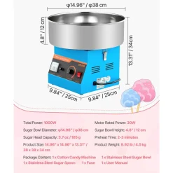 VEVOR Cotton Candy Machine Commercial, 1000W Electric Candy Floss Maker, Easy Use with 15 inch Stainless Steel Bowl and Sugar Scoop, Makes Hard Candy for Home Kids Birthday, Family Party, Blue