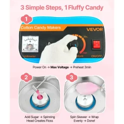 VEVOR Cotton Candy Machine Commercial, 1000W Electric Candy Floss Maker, Easy Use with 15 inch Stainless Steel Bowl and Sugar Scoop, Makes Hard Candy for Home Kids Birthday, Family Party, Blue