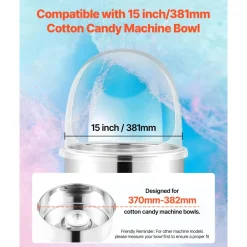 VEVOR Cotton Candy Machine Cover, Transparent Acrylic Dome Bubble Shield, Cotton Candy Machine Bubble Shield Compatible with 15inch Cottons Candies Machines Bowl for Party, Shops, Bottom Groove Design