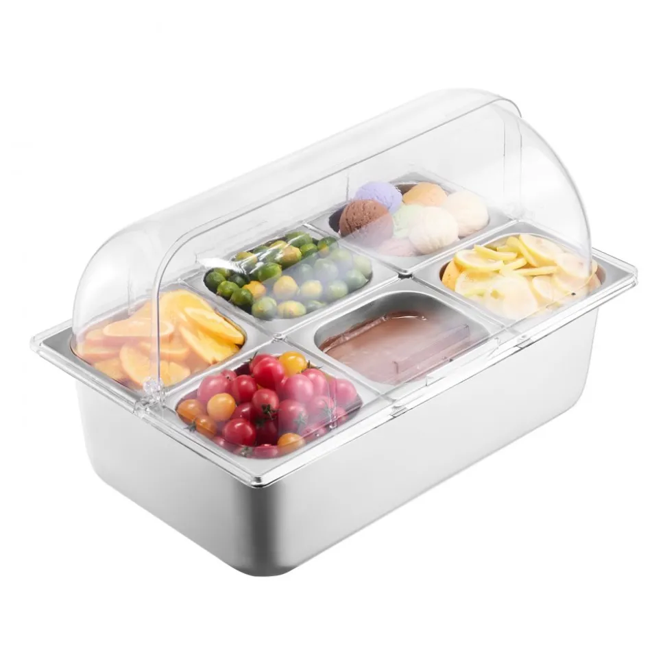 VEVOR Countertop Food Serving Display Container, 6 Pan Stainless Steel Food Serving Tray, Buffet Condiment Dispenser Display Rack with Clear Lid & 3 Freezer Boxes, for Restaurant Hotel Kitchen Party