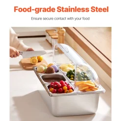 VEVOR Countertop Food Serving Display Container, 6 Pan Stainless Steel Food Serving Tray, Buffet Condiment Dispenser Display Rack with Clear Lid & 3 Freezer Boxes, for Restaurant Hotel Kitchen Party