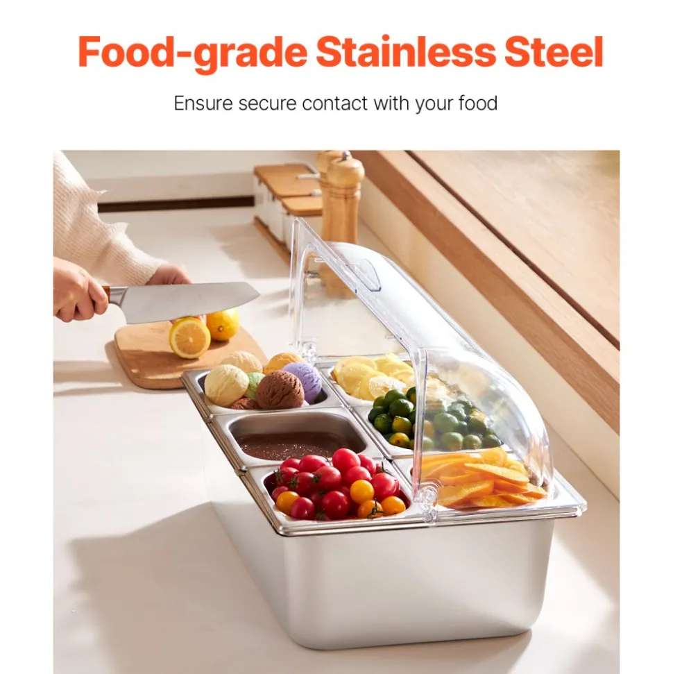 VEVOR Countertop Food Serving Display Container, 6 Pan Stainless Steel Food Serving Tray, Buffet Condiment Dispenser Display Rack with Clear Lid & 3 Freezer Boxes, for Restaurant Hotel Kitchen Party