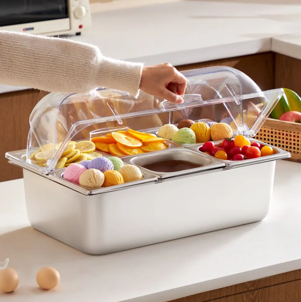 VEVOR Countertop Food Serving Display Container, 6 Pan Stainless Steel Food Serving Tray, Buffet Condiment Dispenser Display Rack with Clear Lid & 3 Freezer Boxes, for Restaurant Hotel Kitchen Party