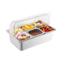 VEVOR Countertop Food Serving Display Container, 6 Pan Stainless Steel Food Serving Tray, Buffet Condiment Dispenser Display Rack with Clear Lid & 3 Freezer Boxes, for Restaurant Hotel Kitchen Party