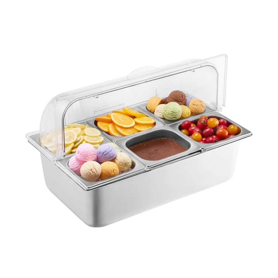 VEVOR Countertop Food Serving Display Container, 6 Pan Stainless Steel Food Serving Tray, Buffet Condiment Dispenser Display Rack with Clear Lid & 3 Freezer Boxes, for Restaurant Hotel Kitchen Party