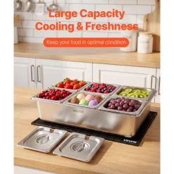 VEVOR Countertop Food Serving Display Container, 4 Pan Stainless Steel Food Serving Tray, Buffet Condiment Dispenser Display Rack with Clear Lid & 3 Freezer Boxes, for Restaurant Hotel Kitchen Party