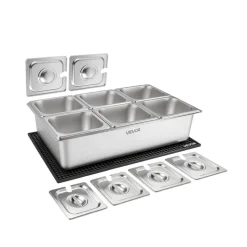 VEVOR Countertop Food Serving Display Container, 4 Pan Stainless Steel Food Serving Tray, Buffet Condiment Dispenser Display Rack with Clear Lid & 3 Freezer Boxes, for Restaurant Hotel Kitchen Party