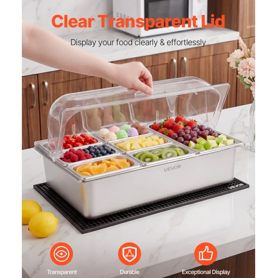 VEVOR Countertop Food Serving Display Container, Stainless Steel Food Salad Server Tray, Buffet Condiment Dispenser, Ice Cooled Rack with Separate Lid, for Restaurant Hotel Kitchen (2x1/6+3x1/9 Pan)