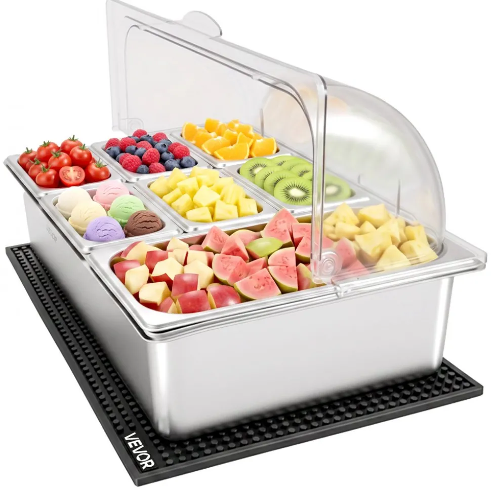 VEVOR Countertop Food Serving Display Container, Stainless Steel Food Salad Server Tray, Buffet Condiment Dispenser, Ice Cooled Rack with Separate Lid, for Restaurant Hotel Kitchen (2x1/6+3x1/9 Pan)