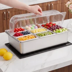 VEVOR Countertop Food Serving Display Container, Stainless Steel Food Salad Server Tray, Buffet Condiment Dispenser, Ice Cooled Rack with Separate Lid, for Restaurant Hotel Kitchen (2x1/6+3x1/9 Pan)