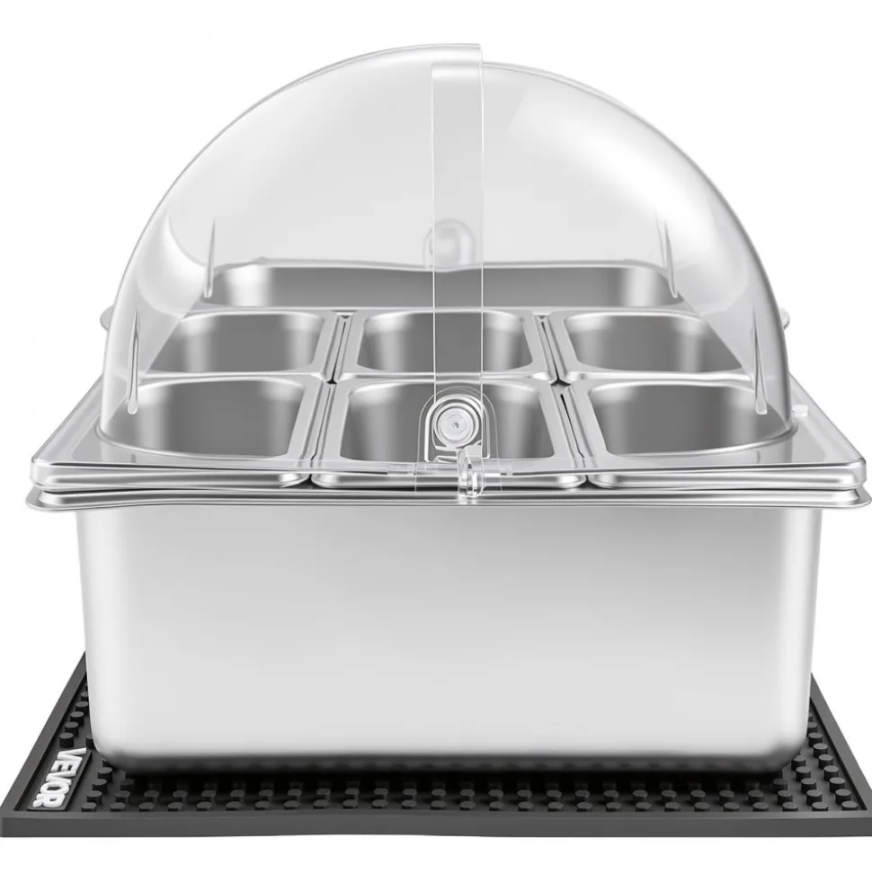 VEVOR Countertop Food Serving Display Container, Stainless Steel Food Salad Server Tray, Buffet Condiment Dispenser, Ice Cooled Rack with Separate Lid, for Restaurant Hotel Kitchen (2x1/6+3x1/9 Pan)