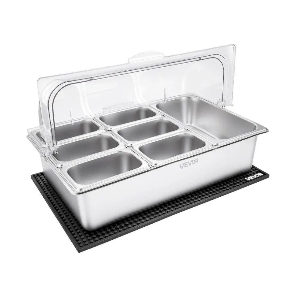 VEVOR Countertop Food Serving Display Container, Stainless Steel Food Salad Server Tray, Buffet Condiment Dispenser, Ice Cooled Rack with Separate Lid, for Restaurant Hotel Kitchen (2x1/6+3x1/9 Pan)