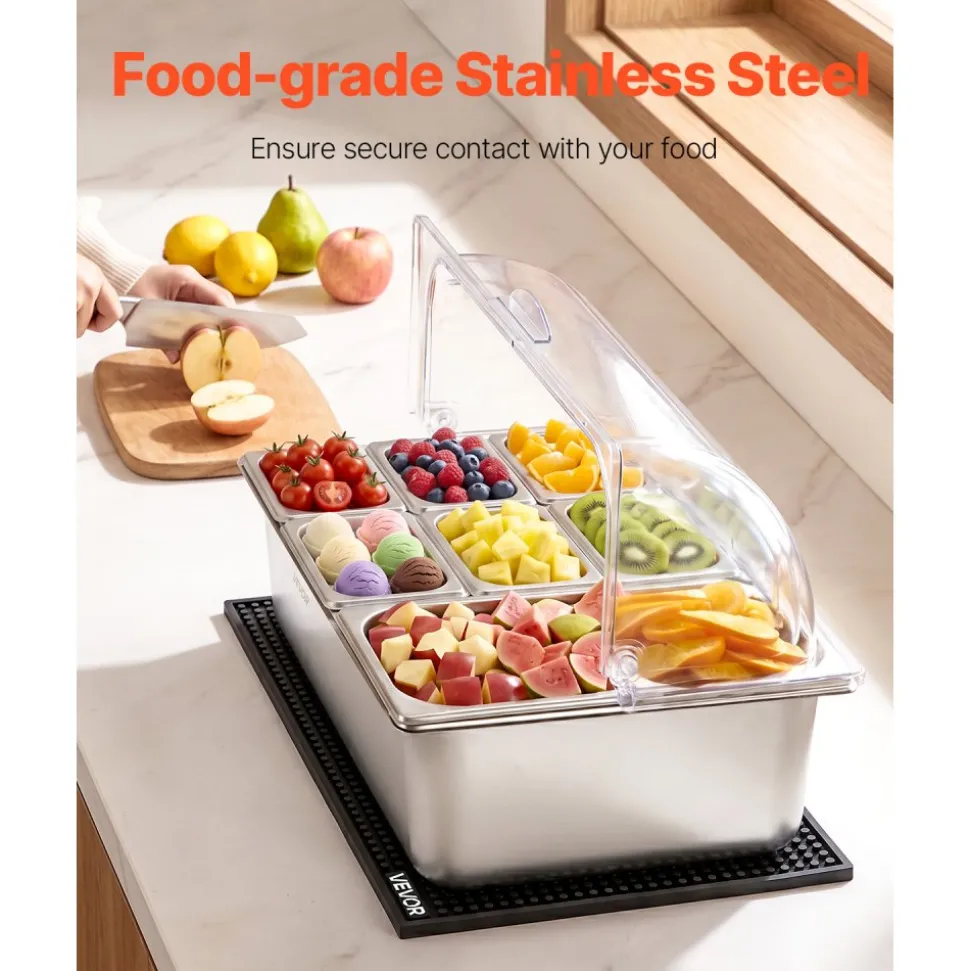 VEVOR Countertop Food Serving Display Container, Stainless Steel Food Salad Server Tray, Buffet Condiment Dispenser, Ice Cooled Rack with Separate Lid, for Restaurant Hotel Kitchen (2x1/6+3x1/9 Pan)