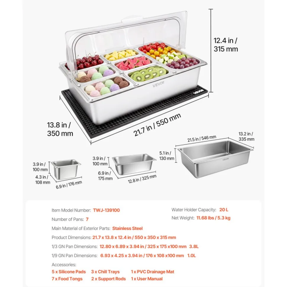 VEVOR Countertop Food Serving Display Container, Stainless Steel Food Salad Server Tray, Buffet Condiment Dispenser, Ice Cooled Rack with Separate Lid, for Restaurant Hotel Kitchen (2x1/6+3x1/9 Pan)