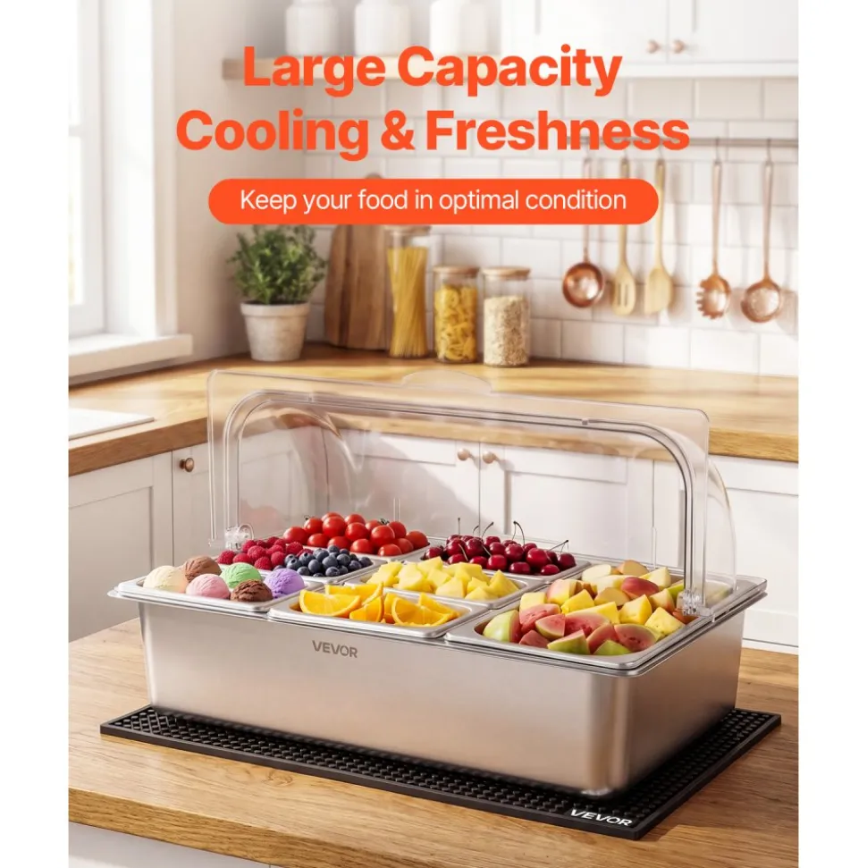 VEVOR Countertop Food Serving Display Container, Stainless Steel Food Salad Server Tray, Buffet Condiment Dispenser, Ice Cooled Rack with Separate Lid, for Restaurant Hotel Kitchen (2x1/6+3x1/9 Pan)