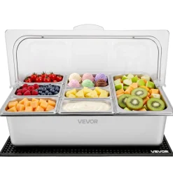 VEVOR Countertop Food Serving Display Container, Stainless Steel Food Salad Server Tray, Buffet Condiment Dispenser, Ice Cooled Rack with Separate Lid, for Restaurant Hotel Kitchen (2x1/6+3x1/9 Pan)
