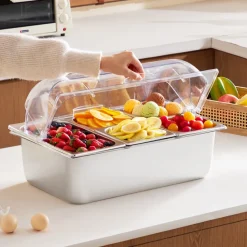 VEVOR Countertop Food Serving Display Container, 5 Pan Stainless Steel Food Serving Tray, Buffet Condiment Dispenser Display Rack with Clear Lid & 3 Freezer Boxes, for Restaurant Hotel Kitchen Party
