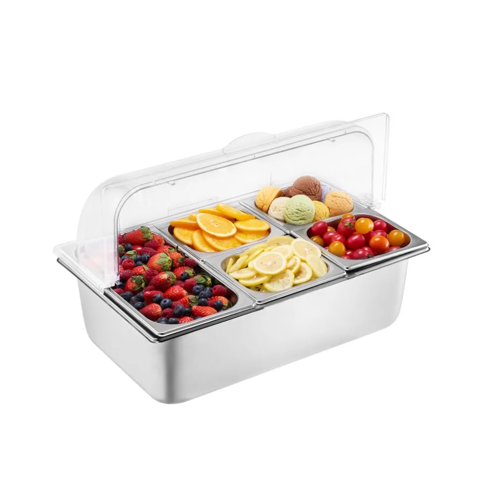 VEVOR Countertop Food Serving Display Container, 5 Pan Stainless Steel Food Serving Tray, Buffet Condiment Dispenser Display Rack with Clear Lid & 3 Freezer Boxes, for Restaurant Hotel Kitchen Party