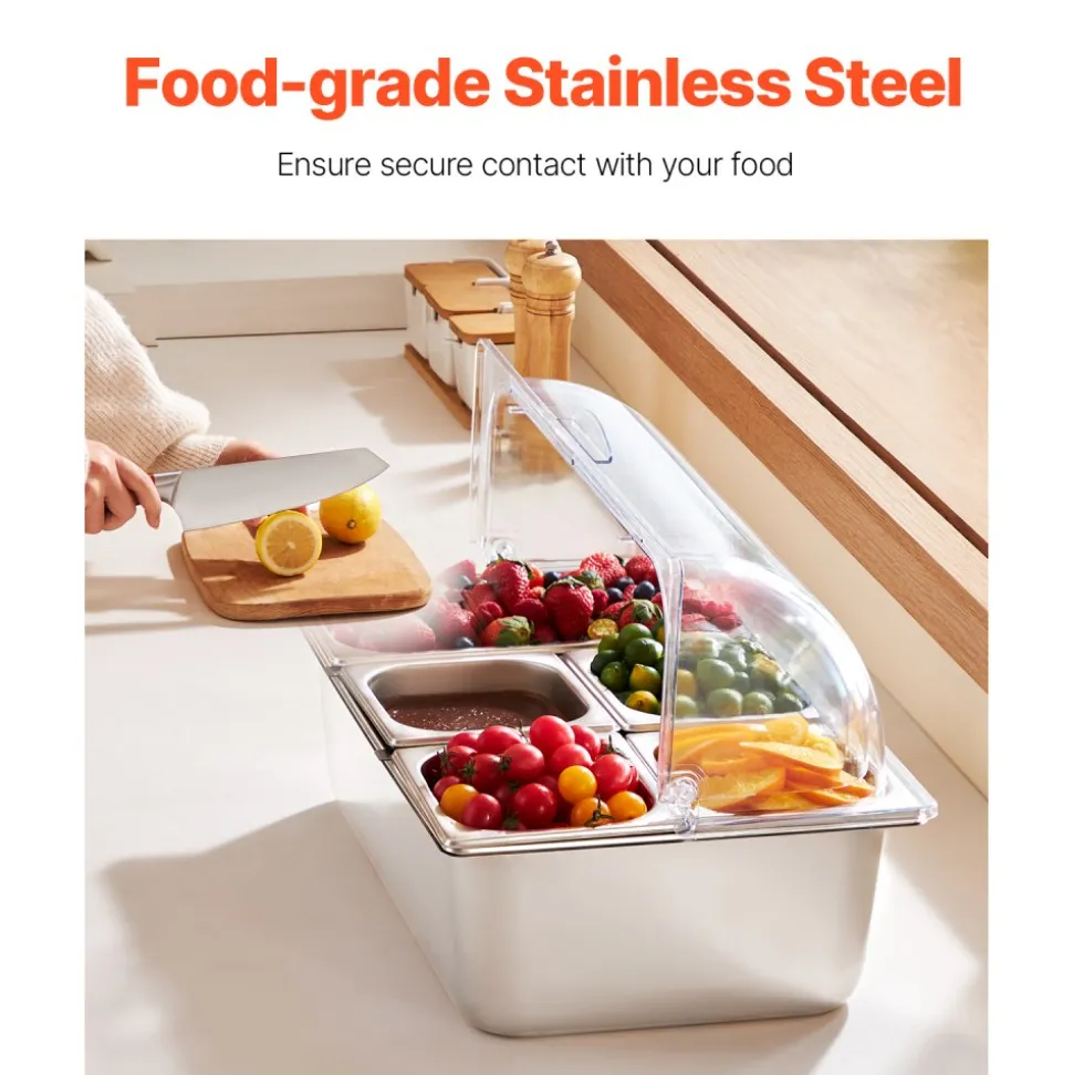 VEVOR Countertop Food Serving Display Container, 5 Pan Stainless Steel Food Serving Tray, Buffet Condiment Dispenser Display Rack with Clear Lid & 3 Freezer Boxes, for Restaurant Hotel Kitchen Party