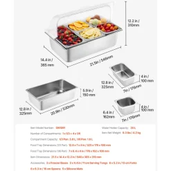 VEVOR Countertop Food Serving Display Container, 5 Pan Stainless Steel Food Serving Tray, Buffet Condiment Dispenser Display Rack with Clear Lid & 3 Freezer Boxes, for Restaurant Hotel Kitchen Party