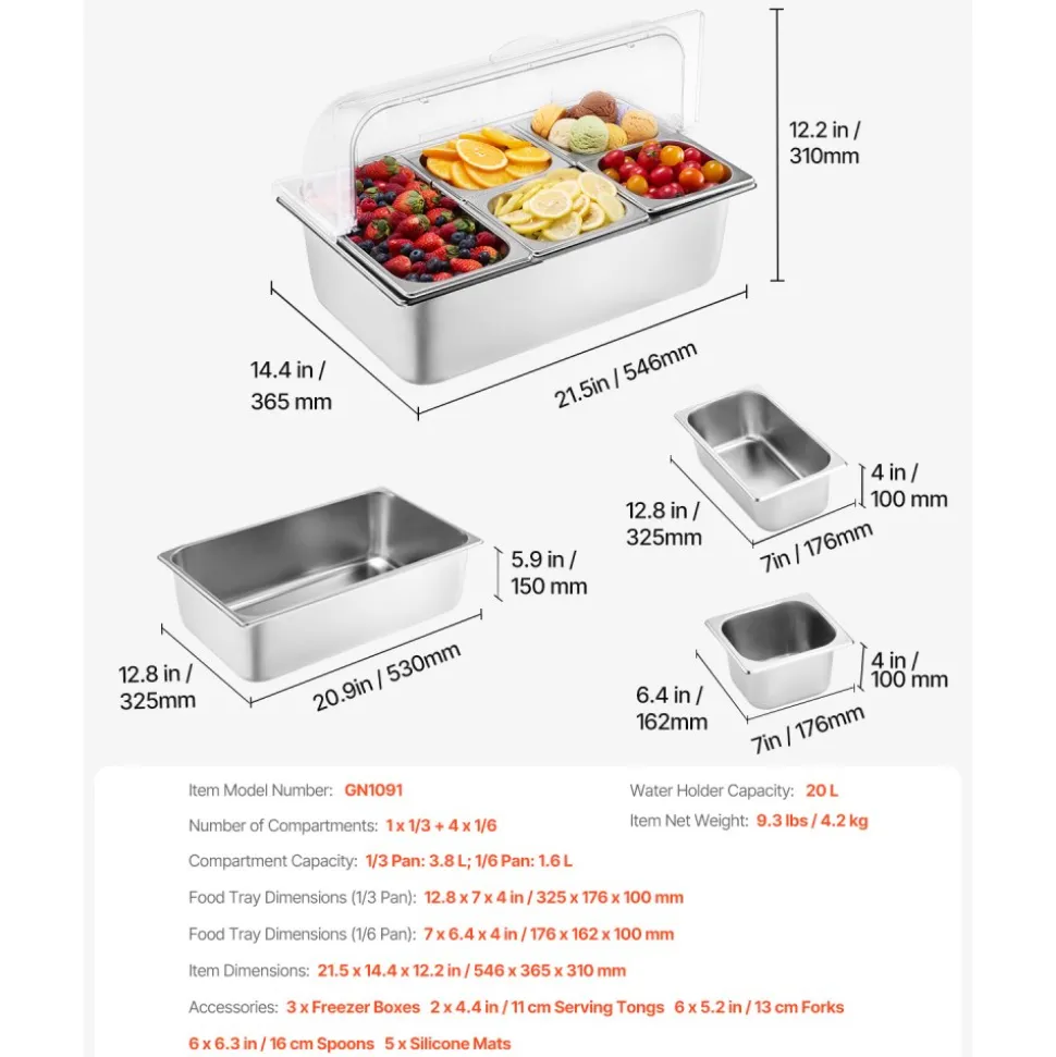 VEVOR Countertop Food Serving Display Container, 5 Pan Stainless Steel Food Serving Tray, Buffet Condiment Dispenser Display Rack with Clear Lid & 3 Freezer Boxes, for Restaurant Hotel Kitchen Party