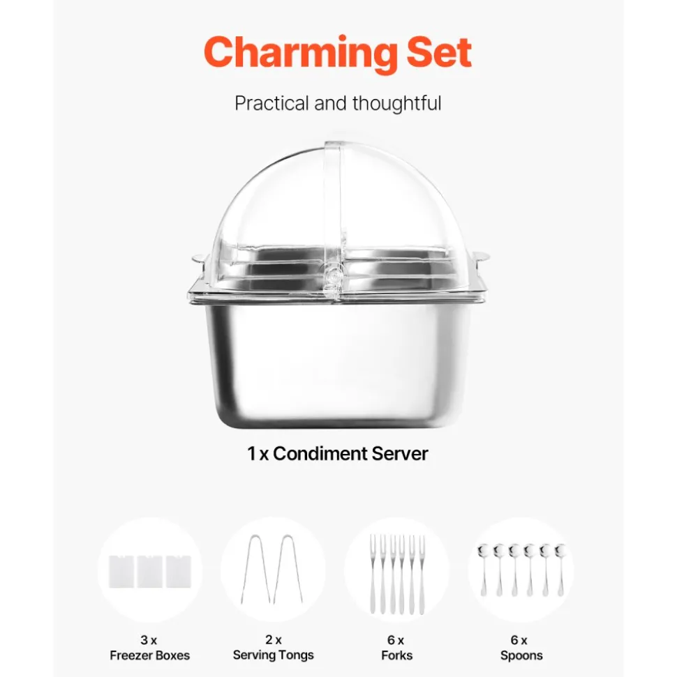 VEVOR Countertop Food Serving Display Container, 5 Pan Stainless Steel Food Serving Tray, Buffet Condiment Dispenser Display Rack with Clear Lid & 3 Freezer Boxes, for Restaurant Hotel Kitchen Party
