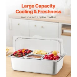 VEVOR Countertop Food Serving Display Container, 5 Pan Stainless Steel Food Serving Tray, Buffet Condiment Dispenser Display Rack with Clear Lid & 3 Freezer Boxes, for Restaurant Hotel Kitchen Party