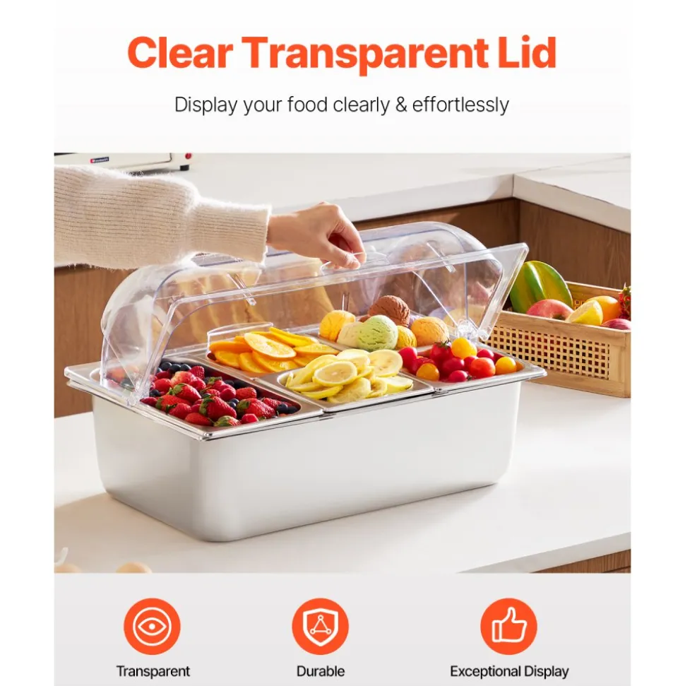 VEVOR Countertop Food Serving Display Container, 5 Pan Stainless Steel Food Serving Tray, Buffet Condiment Dispenser Display Rack with Clear Lid & 3 Freezer Boxes, for Restaurant Hotel Kitchen Party