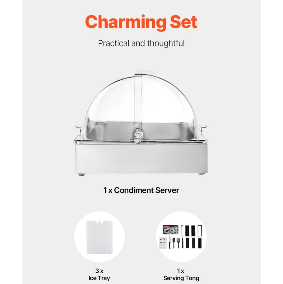 VEVOR Countertop Food Serving Display Container, 1 x 1 Pan Stainless Steel Food Serving Tray, Buffet Condiment Dispenser Display Rack with Clear Lid & 3 Ice Trays, for Restaurant Hotel Kitchen Party