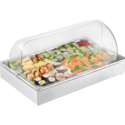 VEVOR Countertop Food Serving Display Container, 1 x 1 Pan Stainless Steel Food Serving Tray, Buffet Condiment Dispenser Display Rack with Clear Lid & 3 Ice Trays, for Restaurant Hotel Kitchen Party