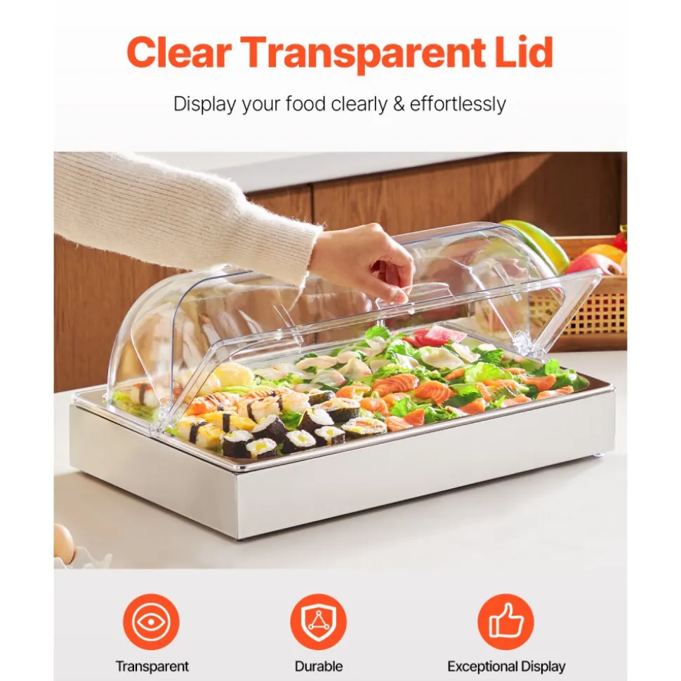 VEVOR Countertop Food Serving Display Container, 1 x 1 Pan Stainless Steel Food Serving Tray, Buffet Condiment Dispenser Display Rack with Clear Lid & 3 Ice Trays, for Restaurant Hotel Kitchen Party